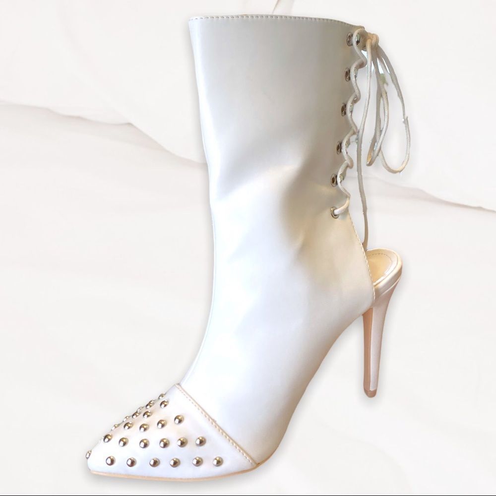 Mackin J White Studded Heeled Boots Open Back